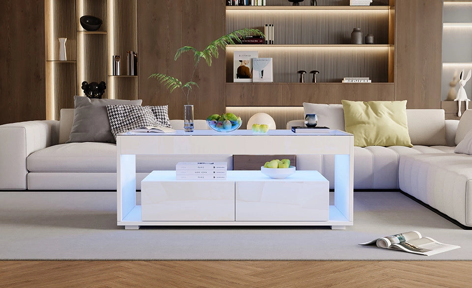 Tavolino da caffè moderno 100x50x40 cm bianco lucido con piano in vetro temperato, 2 ampi cassetti e illuminazione LED controllabile via app