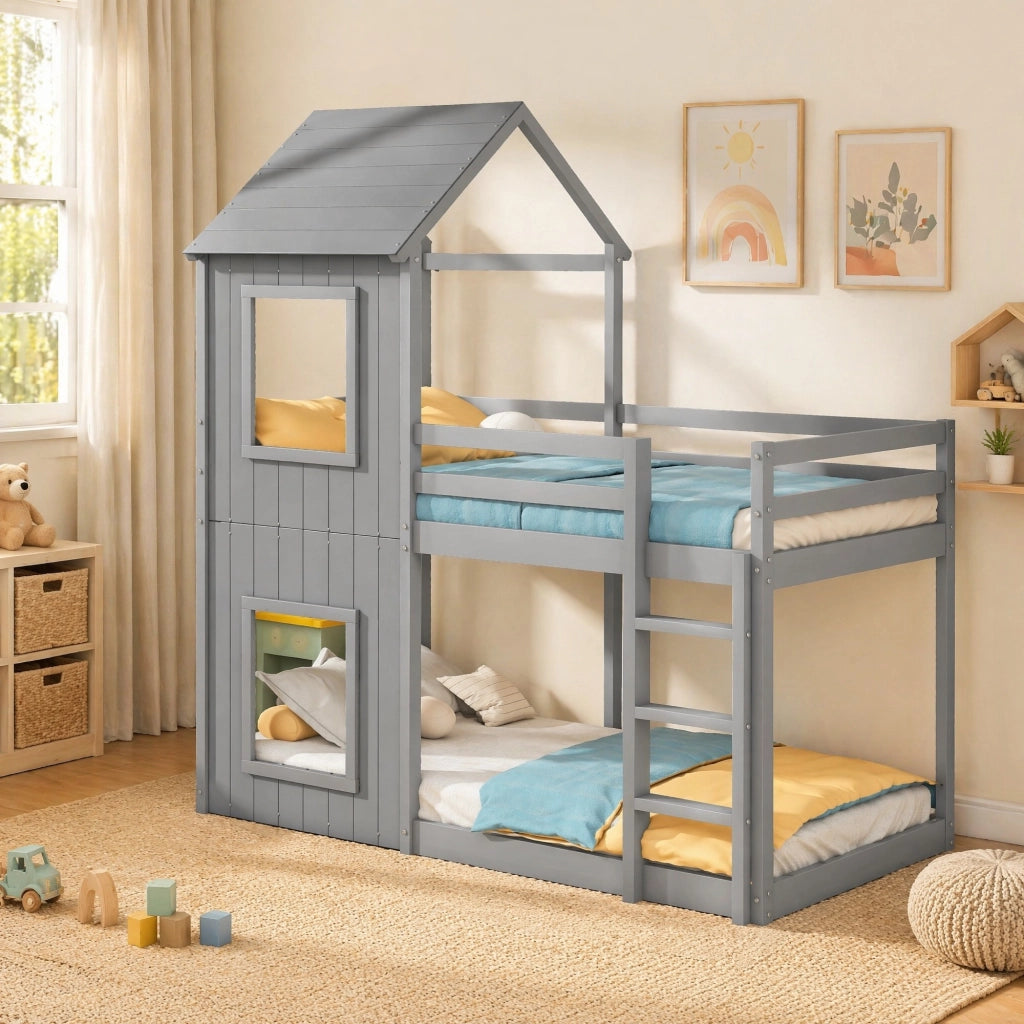 Letto a castello per bambini 90x200 cm in pino e MDF; grigio; con sponde di sicurezza