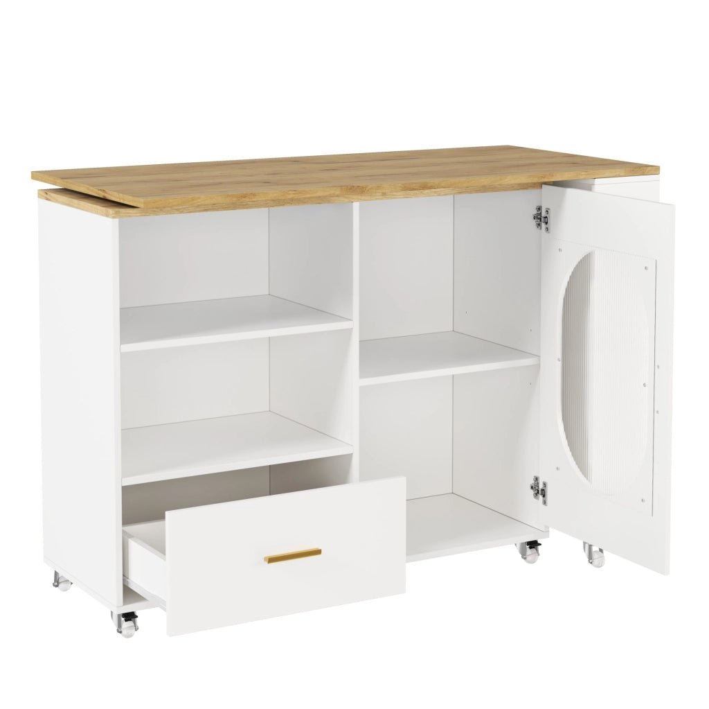 Isola cucina mobile con piano girevole 360° 120-180x60x90 cm; MDF naturale e bianco