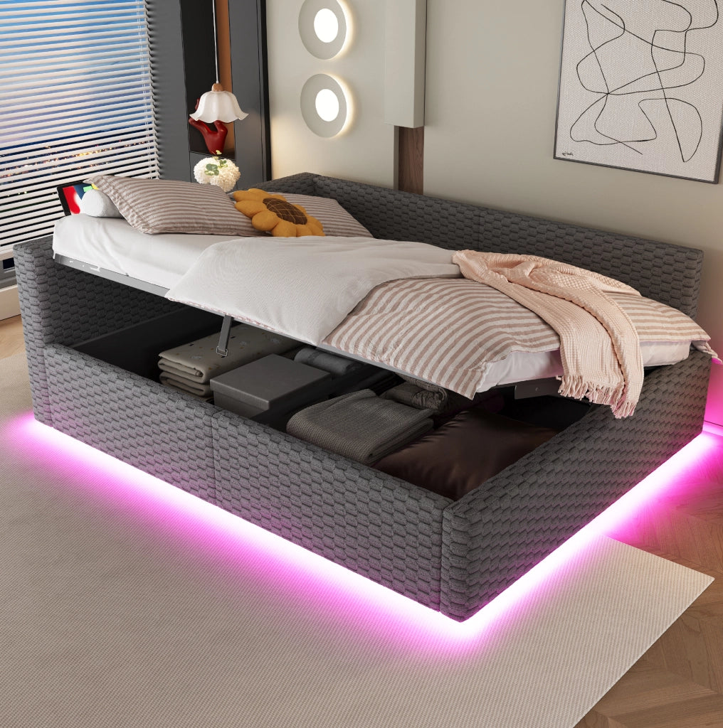 Letto imbottito 140x200 cm con illuminazione LED, ricarica USB e Type-C, schienale morbido a L, rivestimento in velluto, struttura idraulica grigio