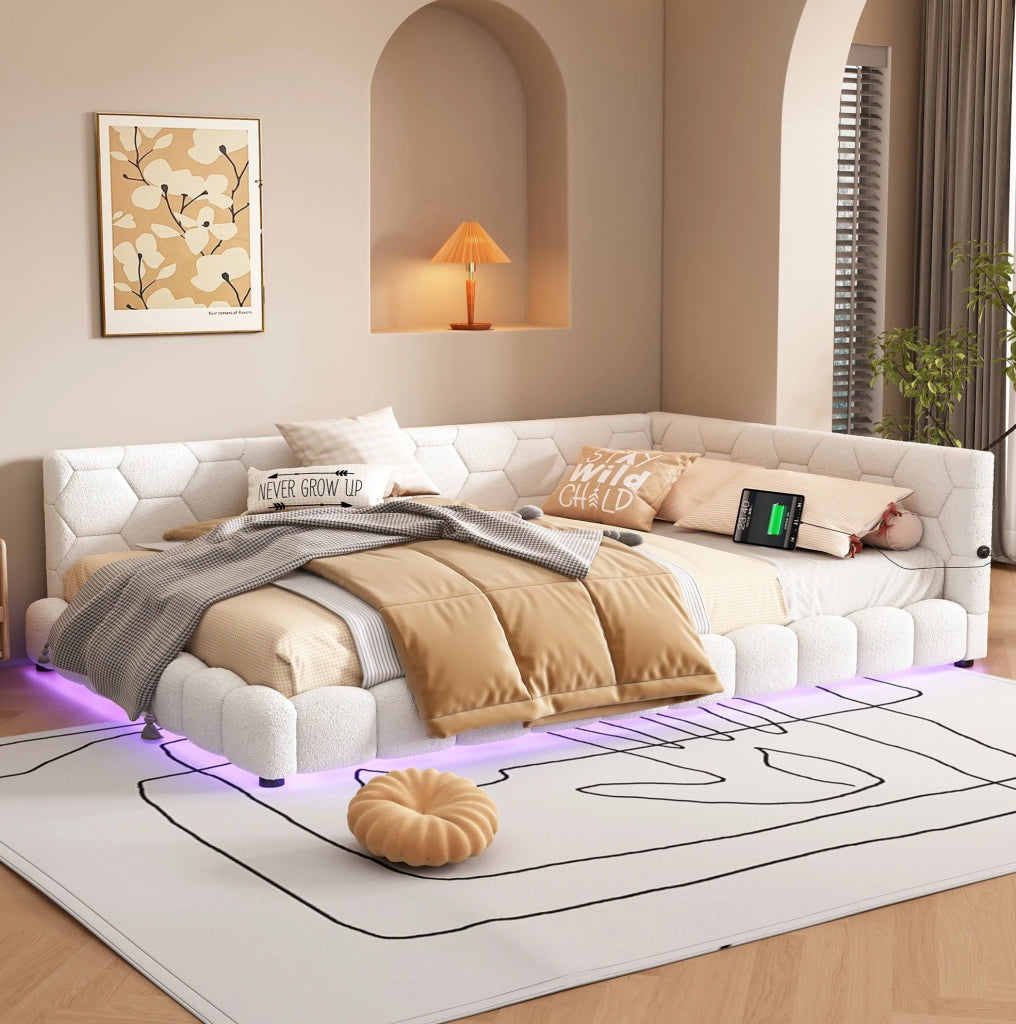 Divano letto 140x200 cm bianco con LED, USB e Type-C