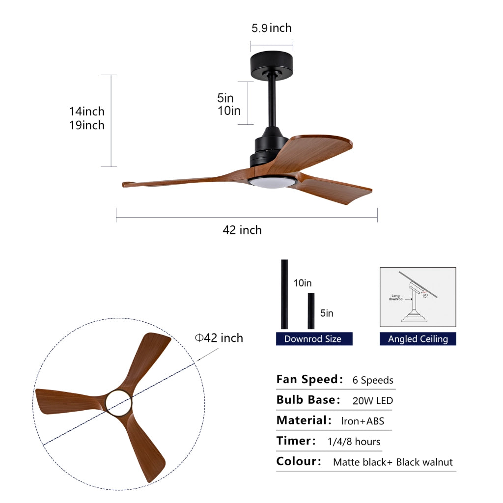 Ventilatore da soffitto con luce LED integrata; motore DC reversibile; pale in ABS nero e noce scuro