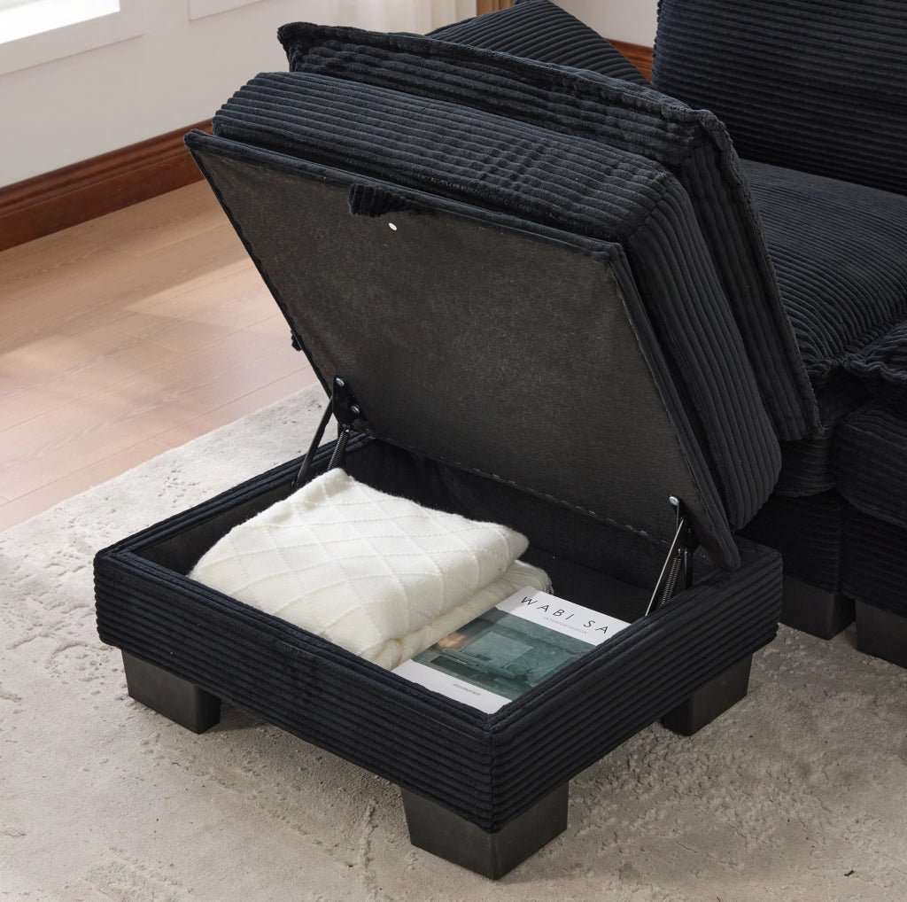 Divano 2 posti modulare in velluto a coste con pouf, struttura ergonomica, schiuma ad alta densità, USB-C, nero