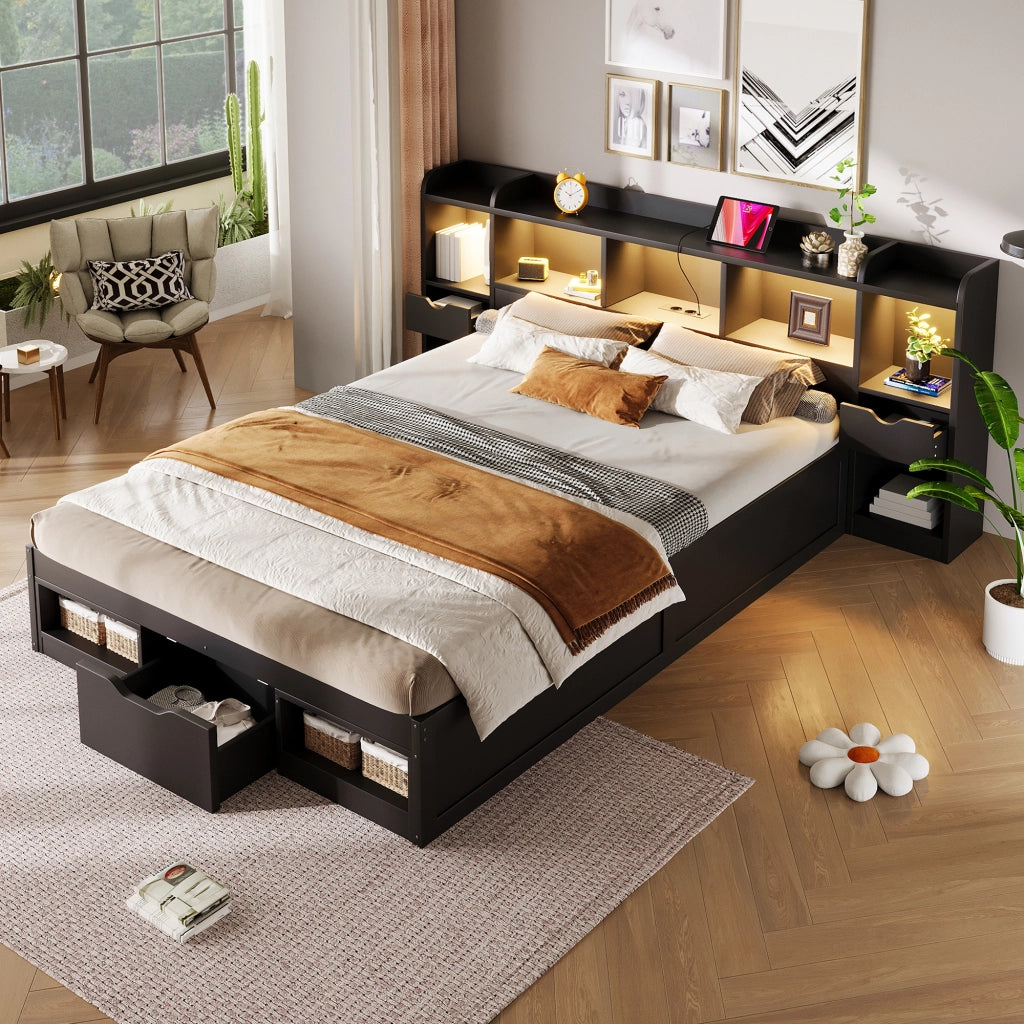 Letto con cassetti 140 × 200 cm con testiera e pediera contenitore LED a 7 colori in MDF nero