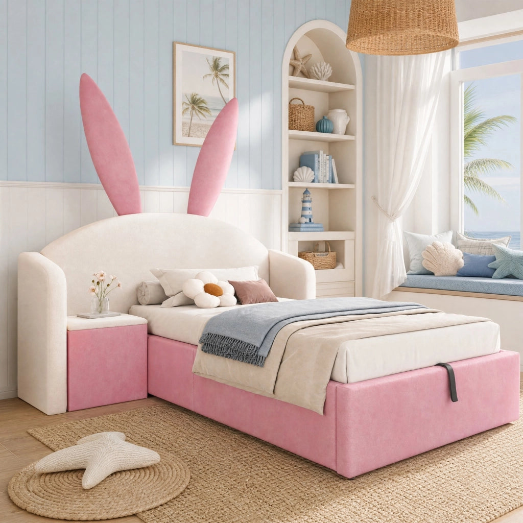 Letto per bambini 90 × 200 cm con contenitore idraulico e comodino; senza materasso; velluto beige e rosa