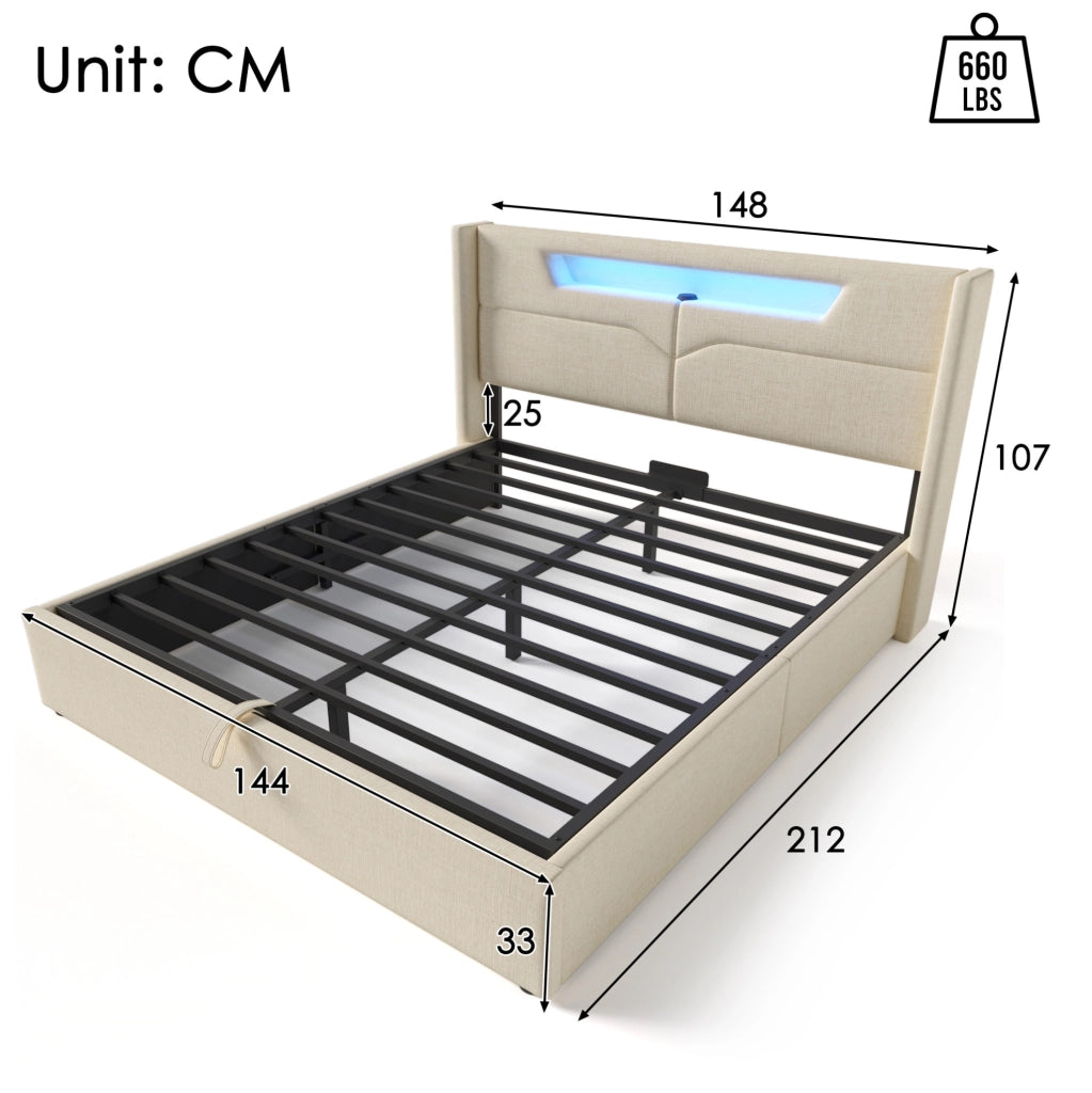 Letto matrimoniale imbottito 140x200 cm con LED; USB e Type-C; beige