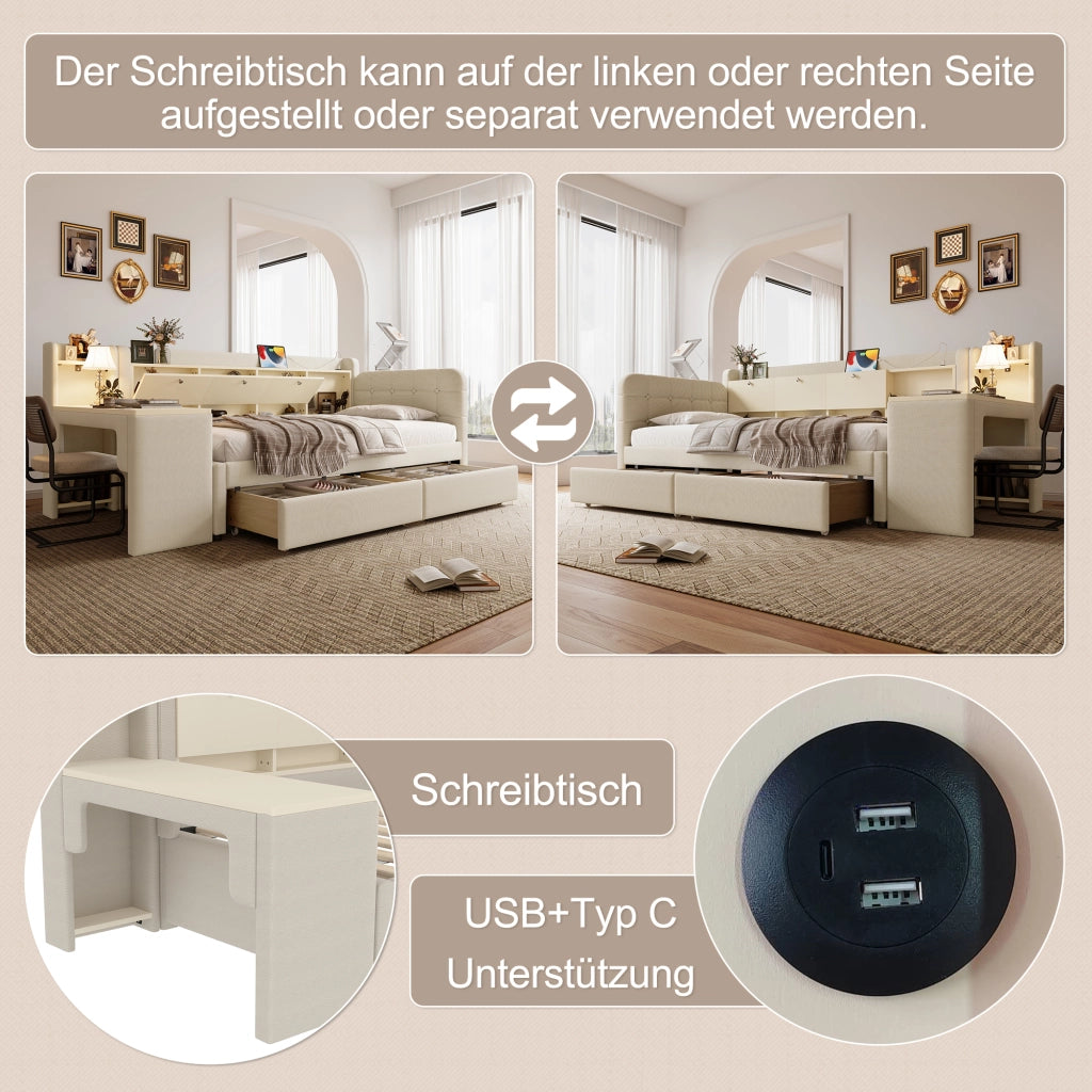 Letto giorno funzionale in lino beige 90x200 cm