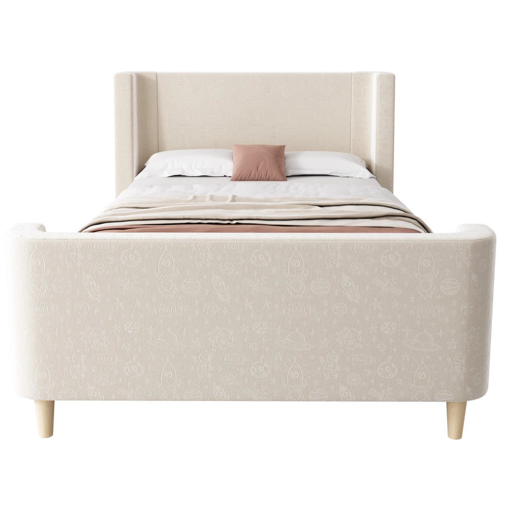 Letto a slitta per bambini 90x200 cm in velluto beige con motivo spaziale; rete a doghe