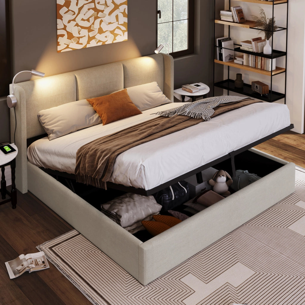 Letto contenitore matrimoniale 160 × 200 cm con lampada da lettura, USB e materasso incluso, beige in lino