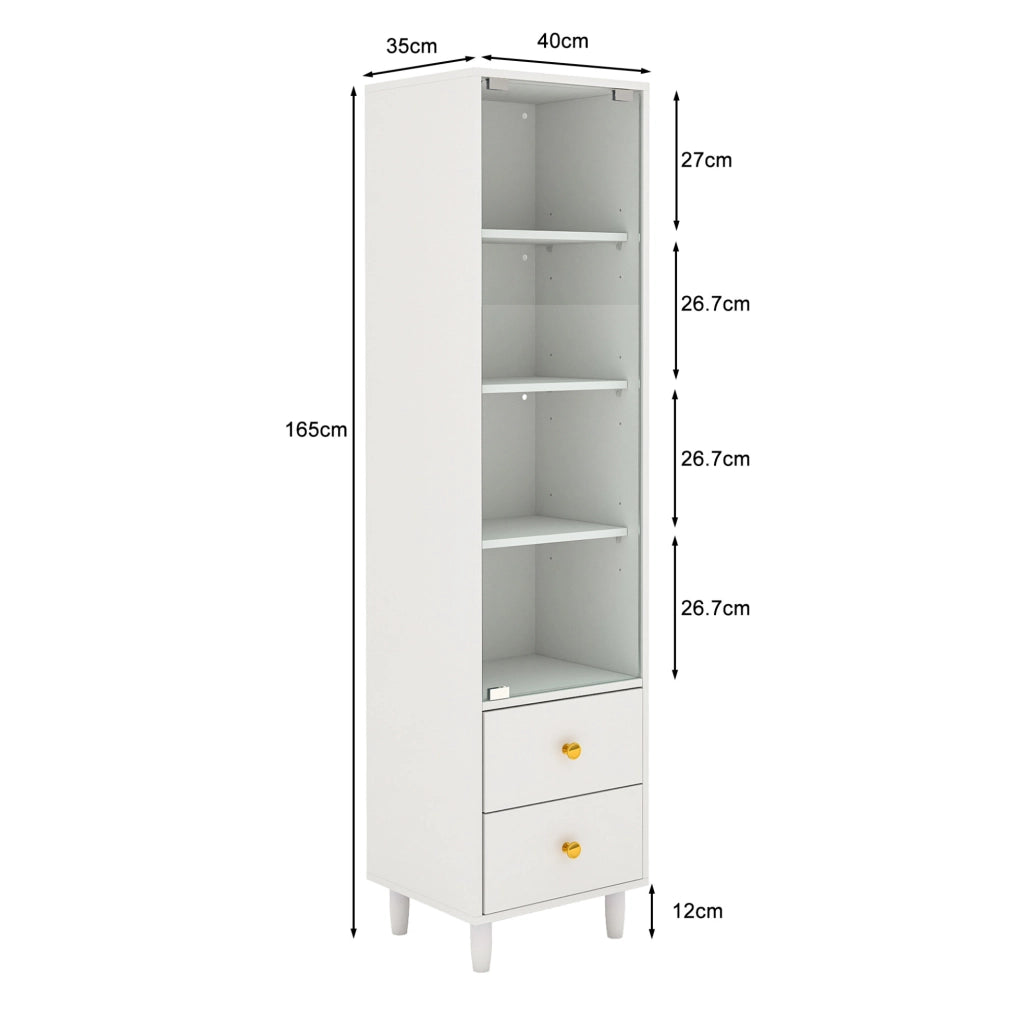 Vetrina moderna bianca con LED, 2 cassetti e ante in vetro, 165x40x35 cm, design con maniglie oro