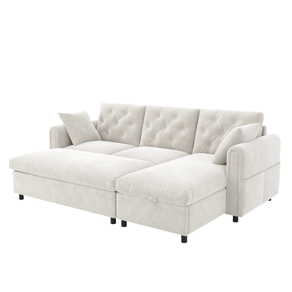 Divano letto angolare 219 cm beige con 2 cuscini e ricarica wireless