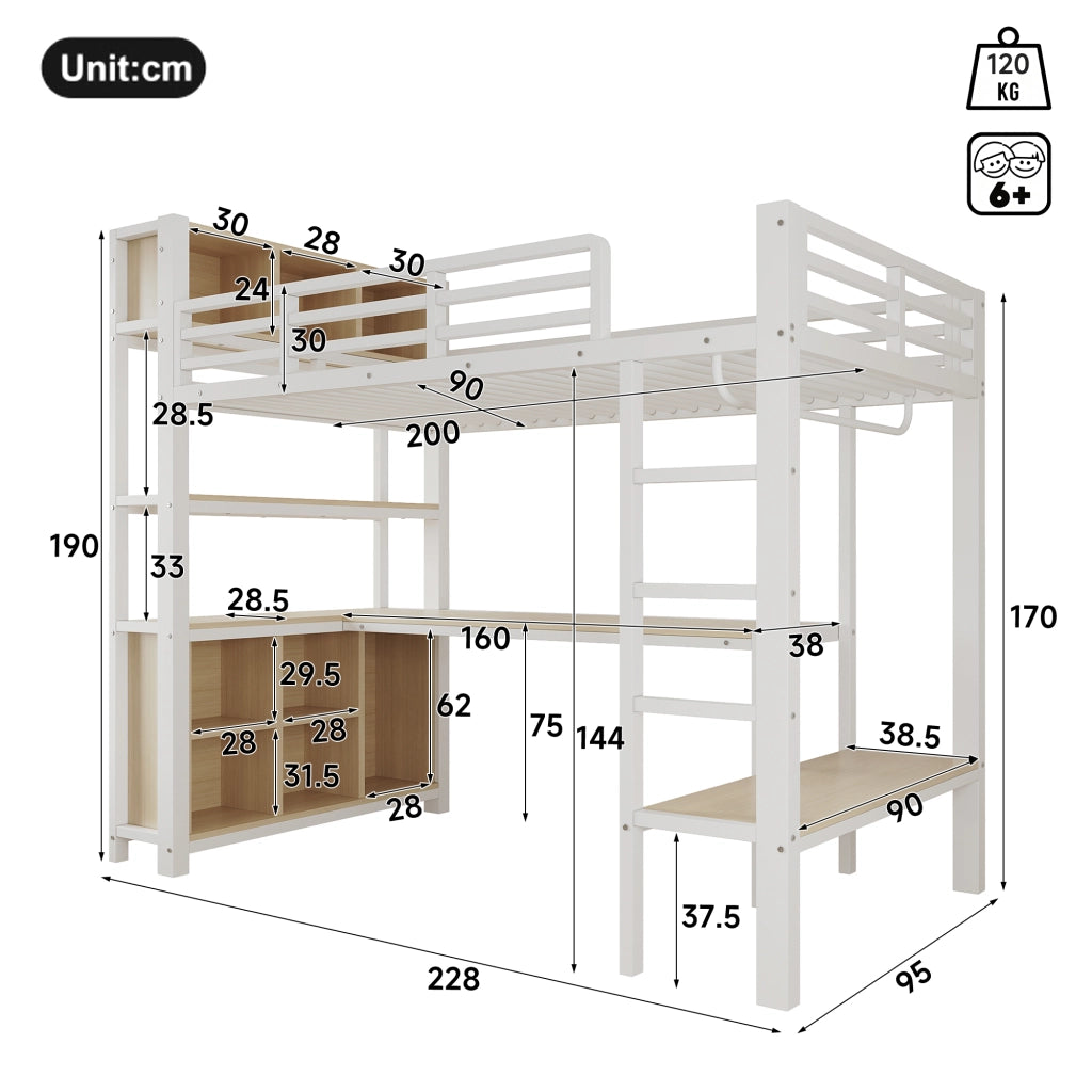 Letto a soppalco 90x200 cm per bambini con scrivania; appendiabiti e ripiani; metallo e MDF bianco