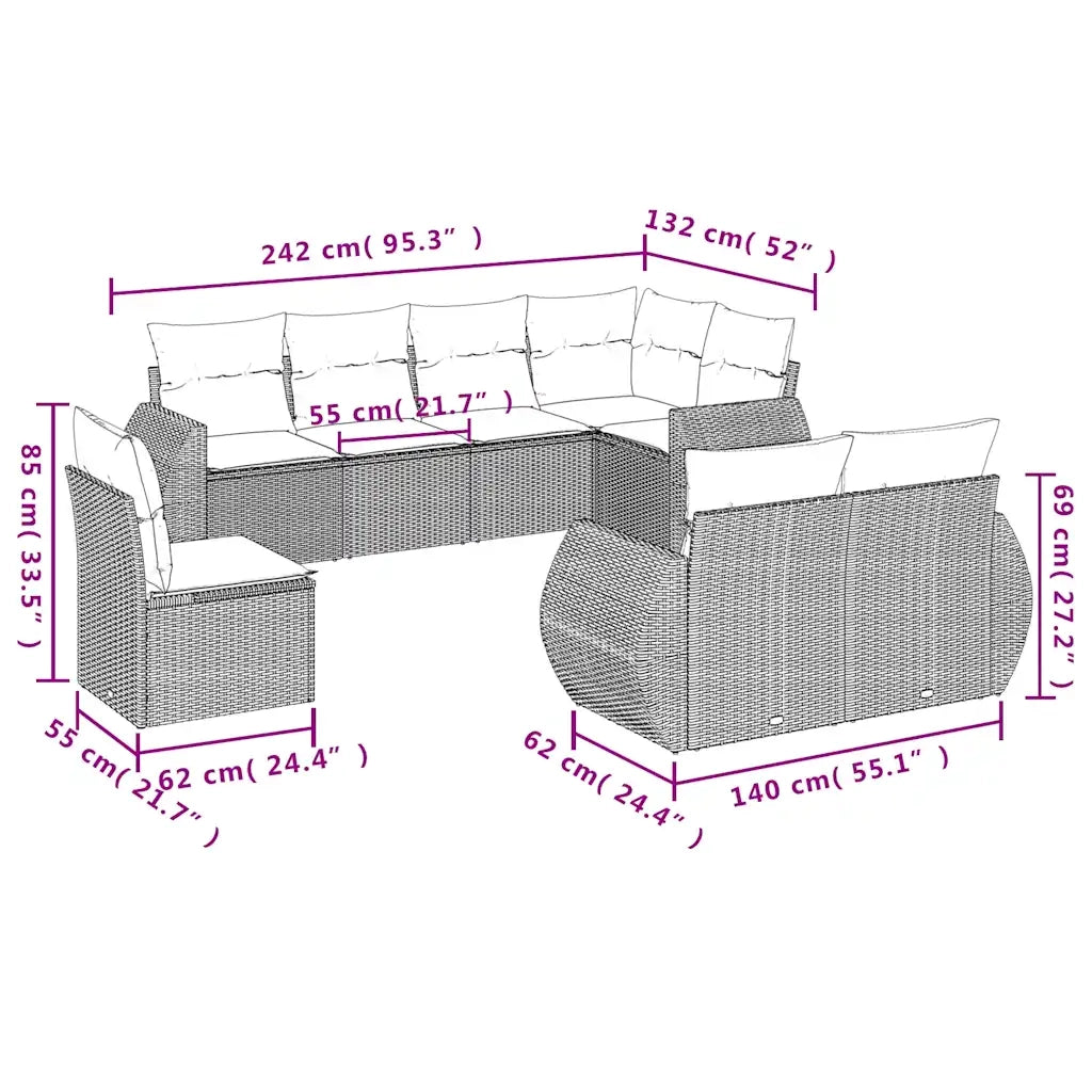 Set Divani da Giardino 8 pz con Cuscini Nero in Polyrattan 3221636