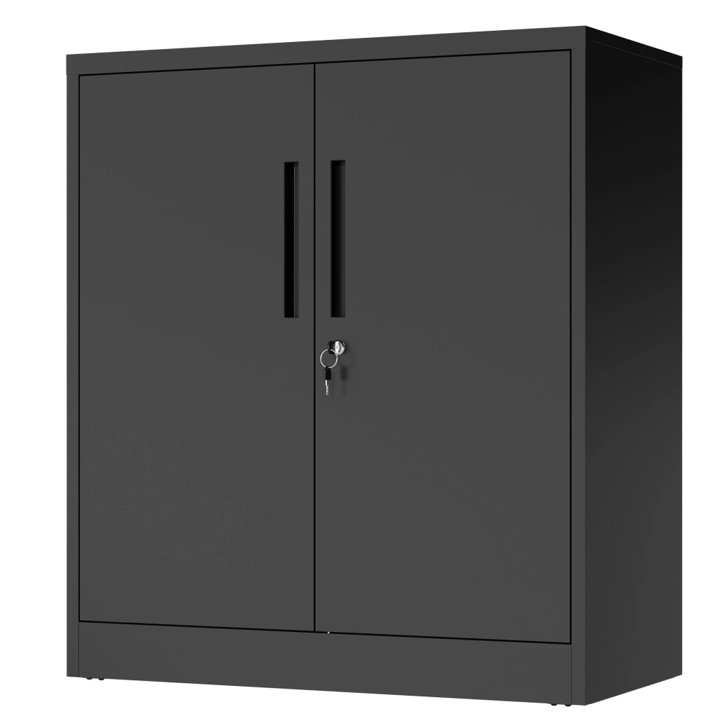 Armadio in metallo con due ante chiudibili e ripiani regolabili 90x80x40 cm, armadietto robusto in acciaio nero per garage e casa, da montare