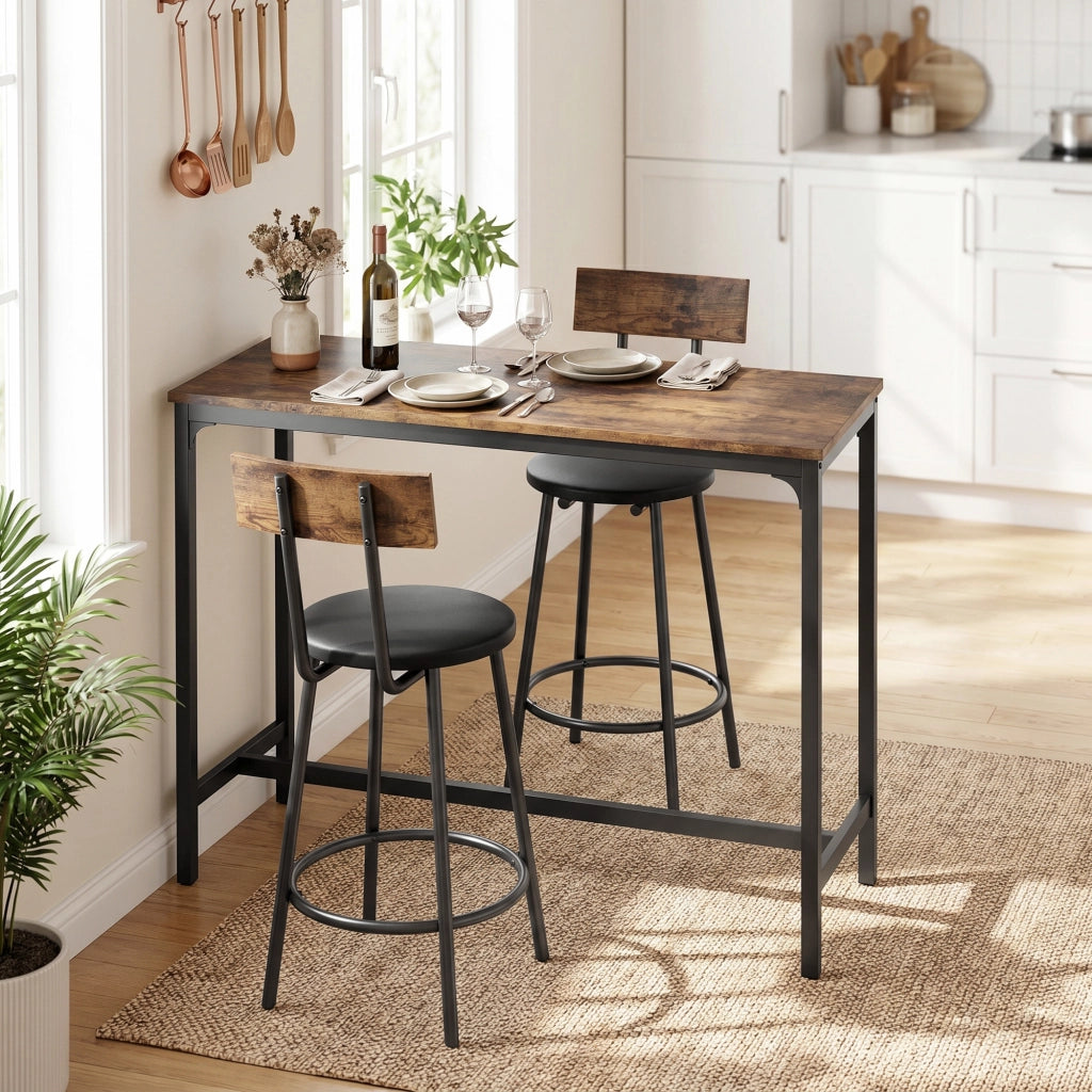 Ensemble Table de Bar avec 2 Tabourets, Table Haute de Cuisine et 2 Chaises de Bar Rembourrées PU, Repose-Pieds, Marron