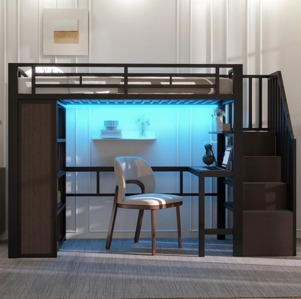 Letto a soppalco 90 x 200 cm con scrivania, ripiani e LED nero