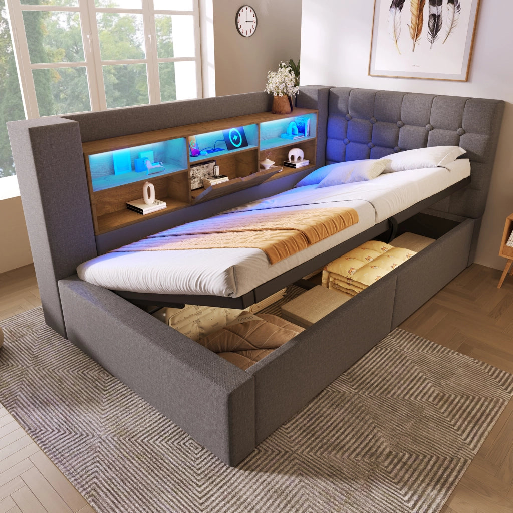 Letto Imbottito Singolo con LED e Contenitore Idraulico ¨C MINIMAL ¨C Testiera L, Tessuto Grigio, 90x200