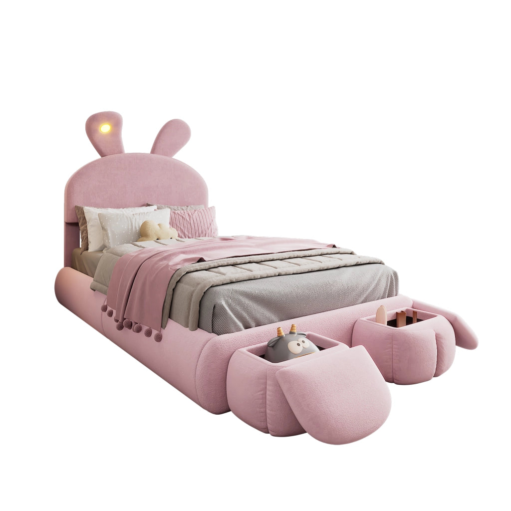 Letto singolo imbottito 90 × 200 cm in velluto rosa con orecchie da coniglio luce LED regolabile e due pouf contenitore