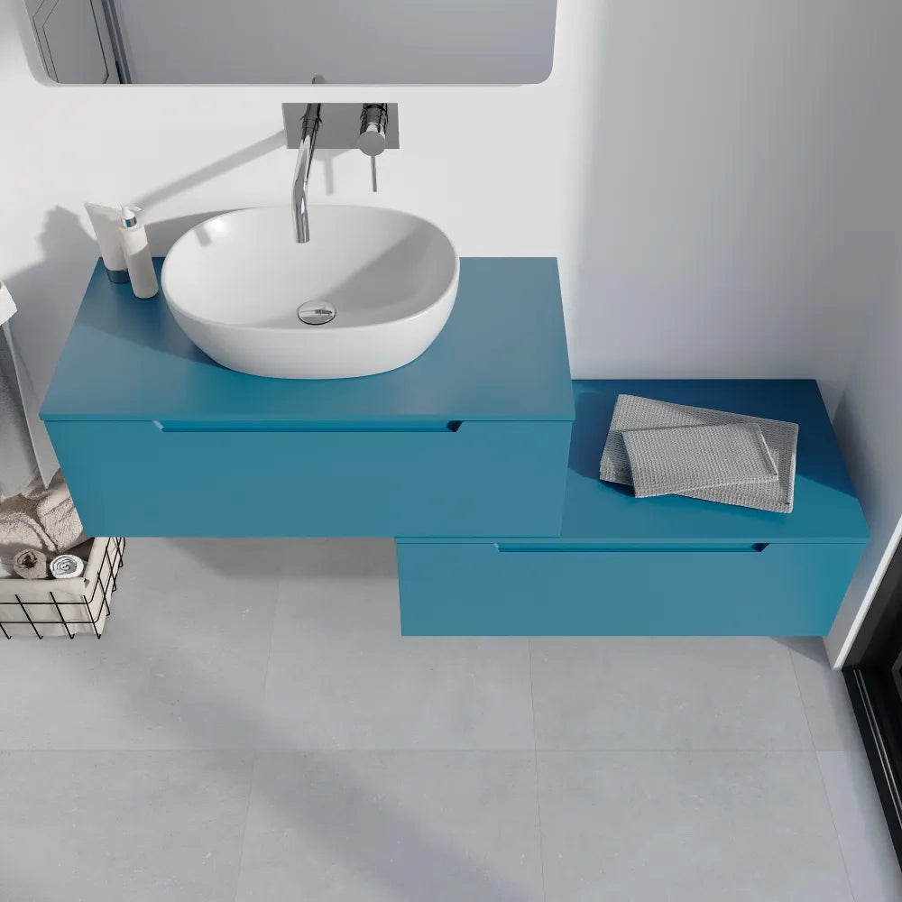Mobile bagno sospeso modulare 90cm dusk blue opaco due cassetti con top | Bako