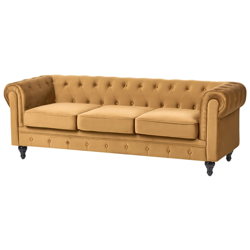 Divano Chesterfield Tessuto Velluto Dorato Rivestimento Gambe Nere 3 Posti