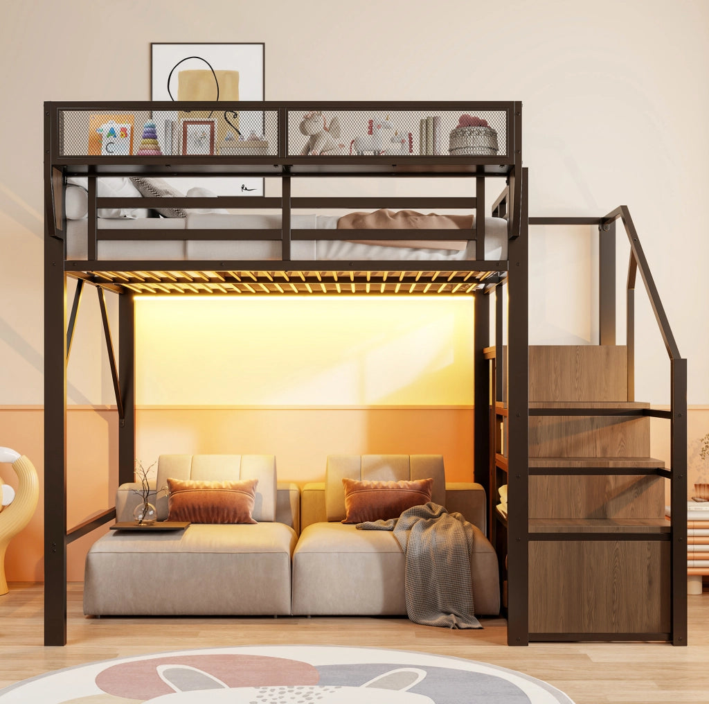 Letto a soppalco 140x200 cm in metallo con LED; scala di sicurezza e ripiani; nero