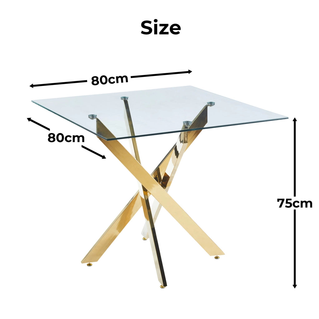 Tavolo da pranzo quadrato 80x80x75 cm con piano in vetro temperato e gambe in metallo dorato