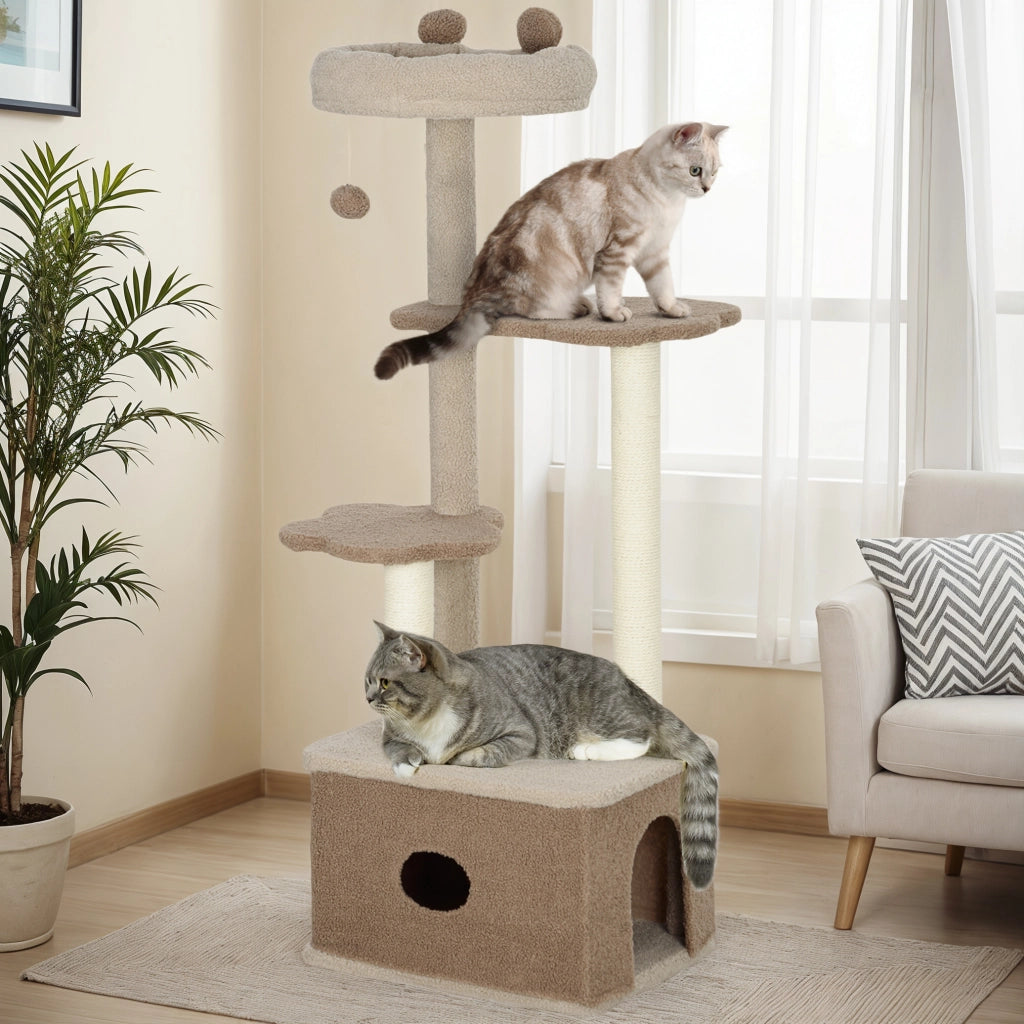 EasyComfort Albero Tiragraffi per Gatti con Lettino, Casetta e Piattaforme, in Legno e Cashmere, 48x40x133 cm, Marrone