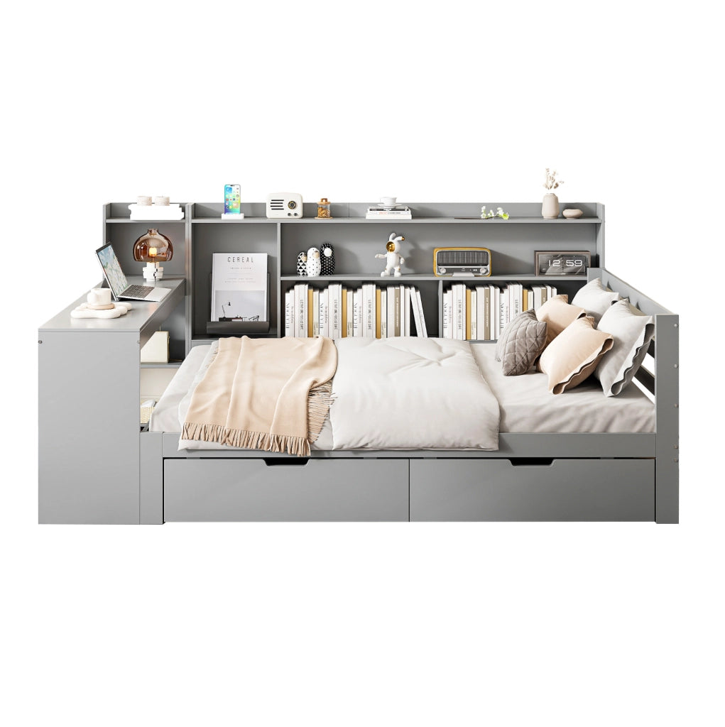 Divano Letto in Legno Massello 140x200 cm con Scrivania, Libreria, Ripiani e Presa di Corrente, Grigio