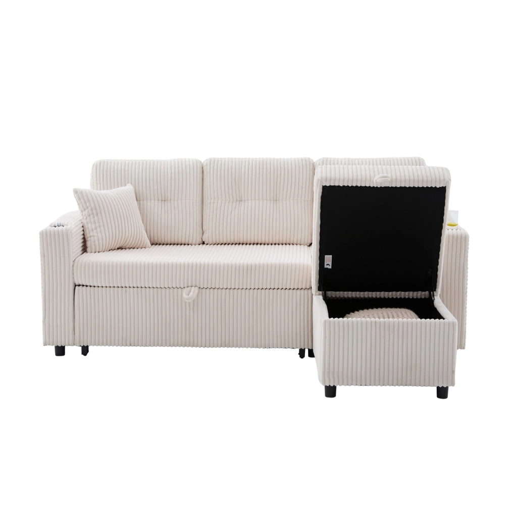 Divano letto in tessuto corduroy beige con contenitore; USB-C e luci LED; 196 cm