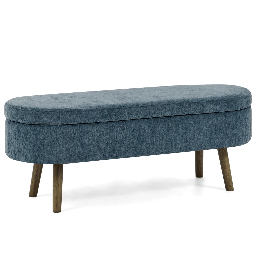 Panca contenitore in tessuto ciniglia blu con struttura in legno massello, 110x40x42 cm, 20L capacità, ideale per soggiorno e ingresso