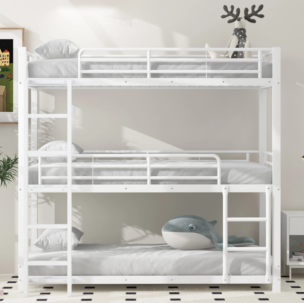 Letto a castello triplo in metallo 90 x 200 cm con scala fissa; bianco