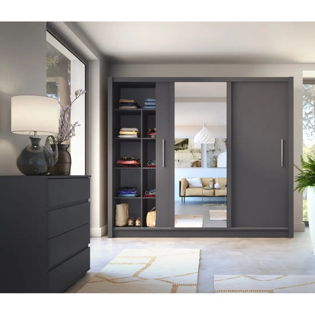 Armadio OZZULA a 3 porte scorrevoli con specchio grigio antracite 248 cm
