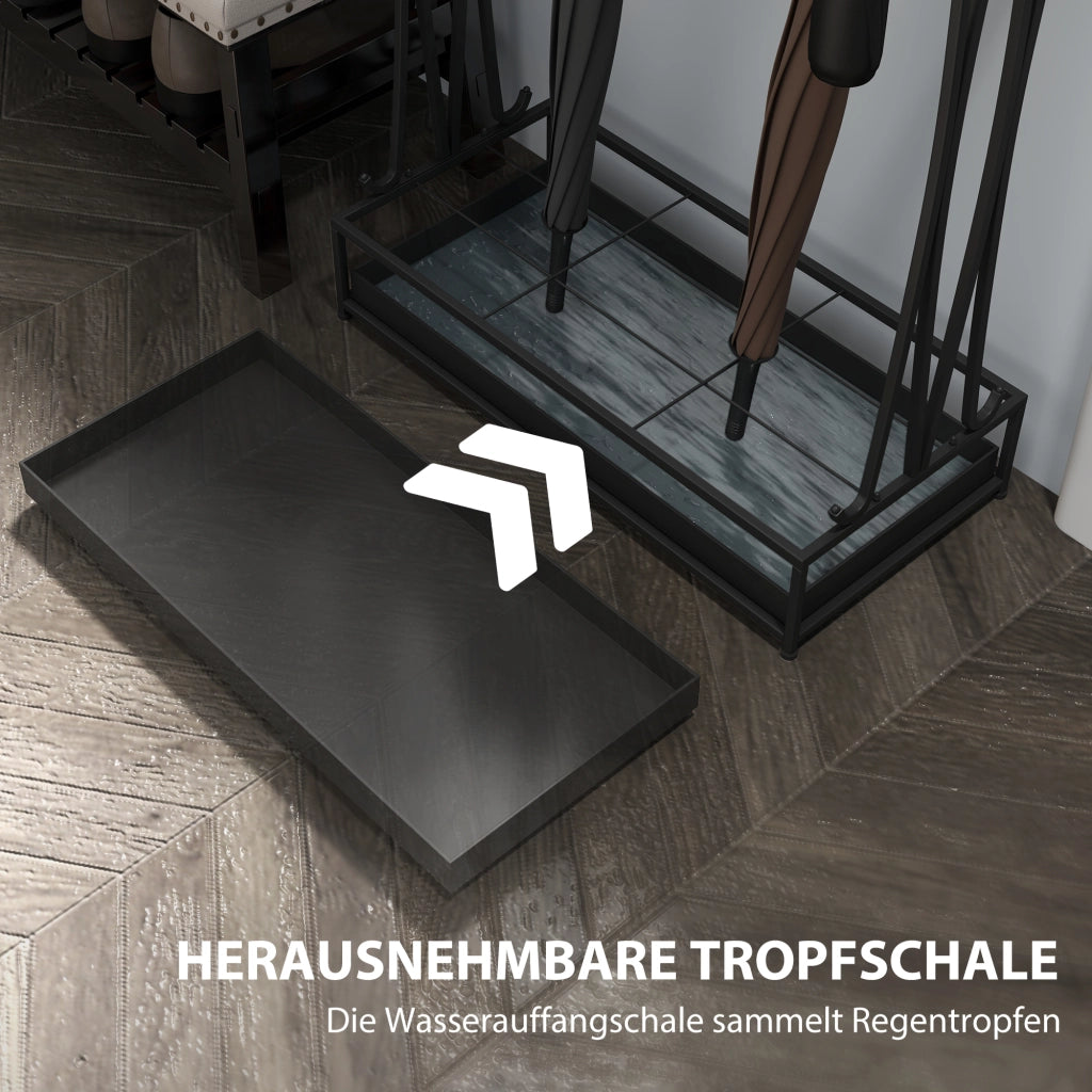 Portaombrelli rettangolare in acciaio nero con 21 supporti e 24 ganci; vaschetta estraibile 50 × 24 × 68 cm