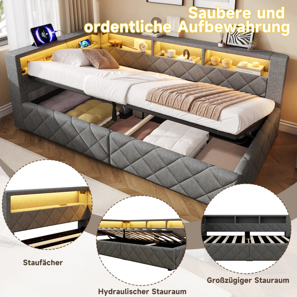 Letto da Giorno 90x200 cm in lino e MDF con Contenitore Idraulico; LED; USB-C Grigio