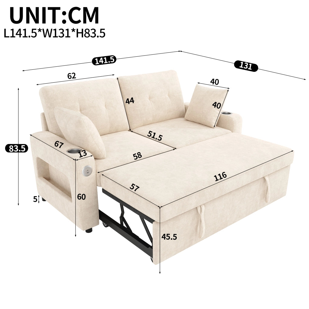 Divano letto 2 posti estraibile con LED, USB e USB-C in ciniglia beige