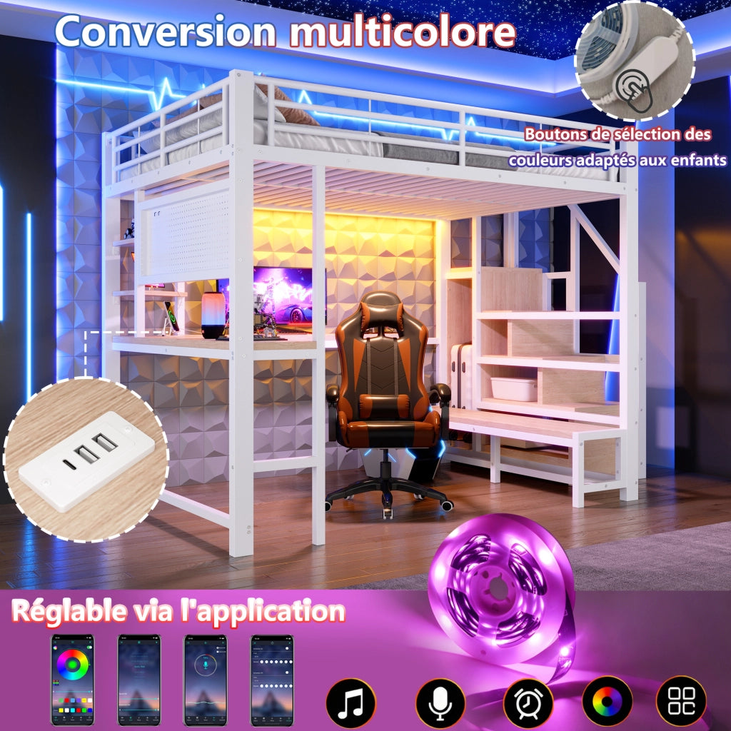 Letto a soppalco 140 × 200 cm con scrivania, scala contenitore, mensole, LED e porte USB e USB-C in metallo e MDF