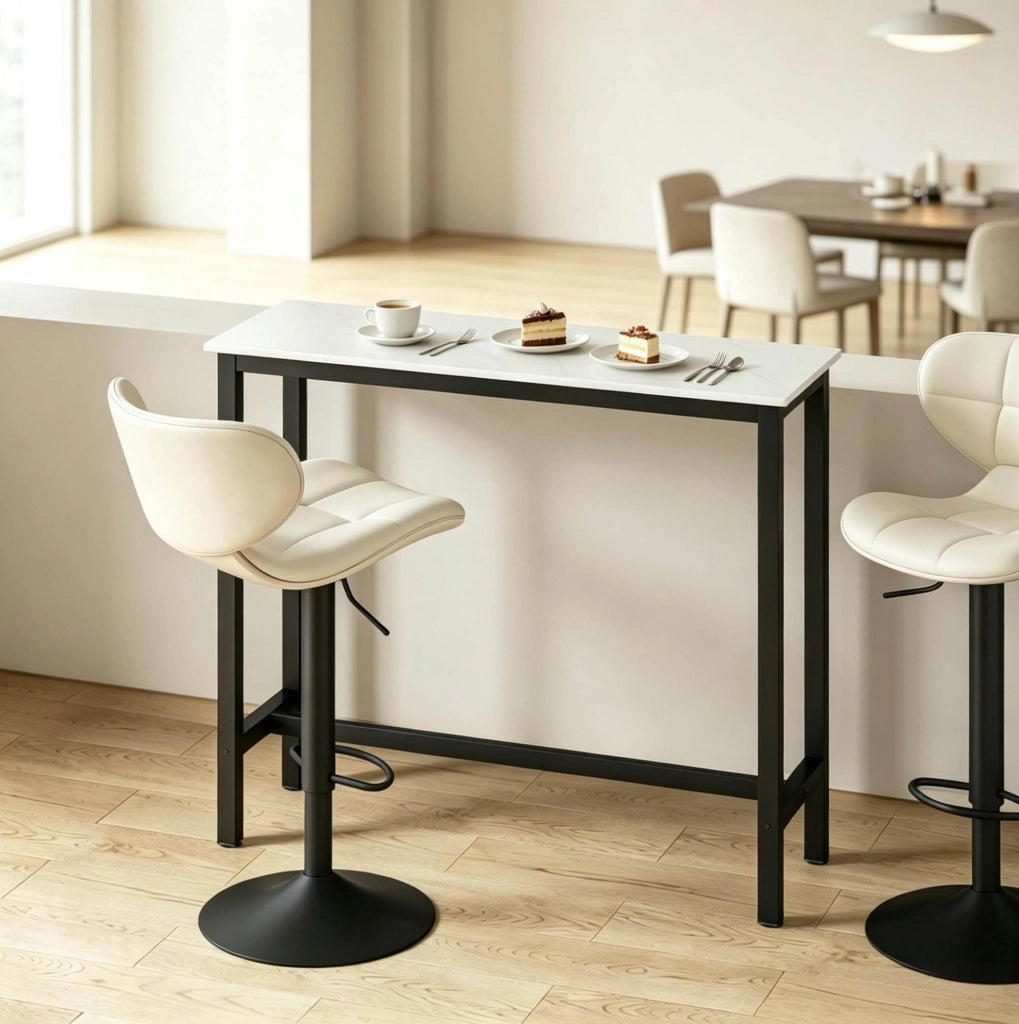 Tavolo Bar Moderno con Struttura in Acciaio Nero e Piano Effetto Marmo Bianco 120x40x100 cm