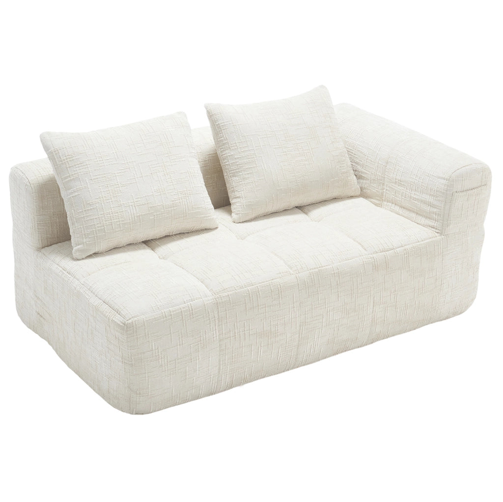 Divano 2 posti beige con chaise lounge, tessuto chenille, cuscino incluso e tasche laterali