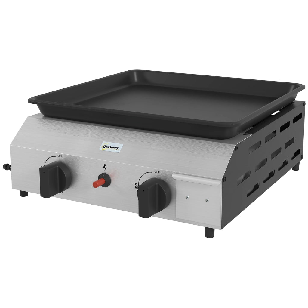 Piastra Barbecue a Gas con 2 Bruciatori Regolabili 4.8kW, Piano Antiaderente Compatto per Giardino ed Esterno, Argento