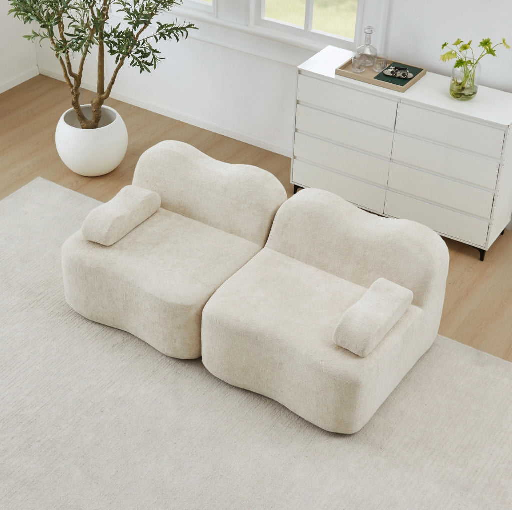 Divano modulare 2 posti senza telaio con cuscini profondi e rivestimento in velluto beige, senza montaggio