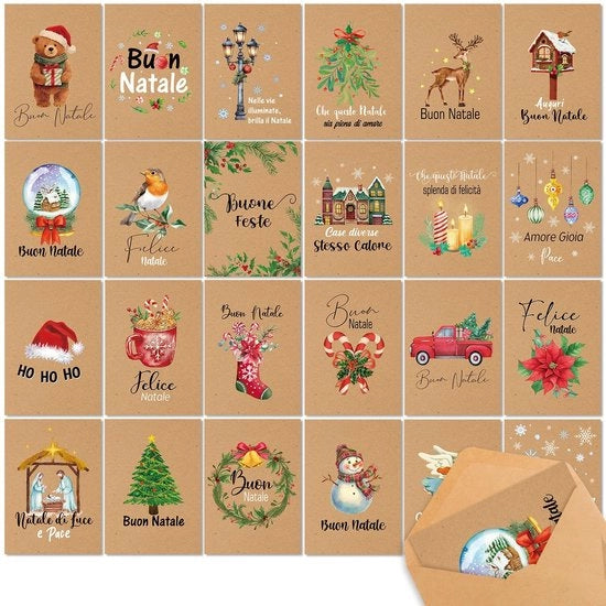 Set di Cartoline di Natale 24 Stili - Set di Cartoline di Buon Natale - Cartoline di Auguri - Disegni Originali - Cartoline di Compleanno - Design Acquerello