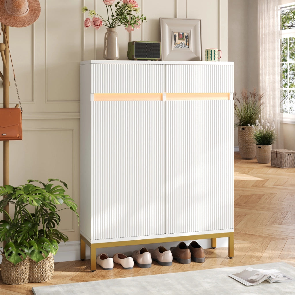 Scarpiera LED con 2 cassetti, 2 ante e ripiani regolabili per ingresso, bianca con gambe dorate, 80 × 35 × 103 cm