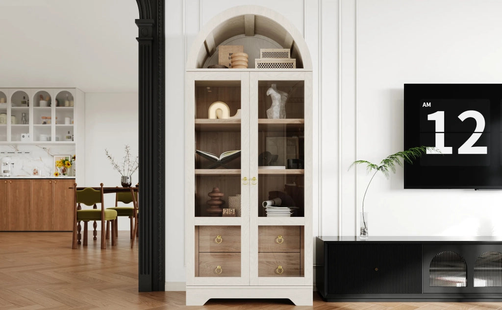 Highboard bianco con ripiani regolabili, cassetti e ante in vetro trasparente. Ampio contenitore ideale per cucina, sala da pranzo e soggiorno.