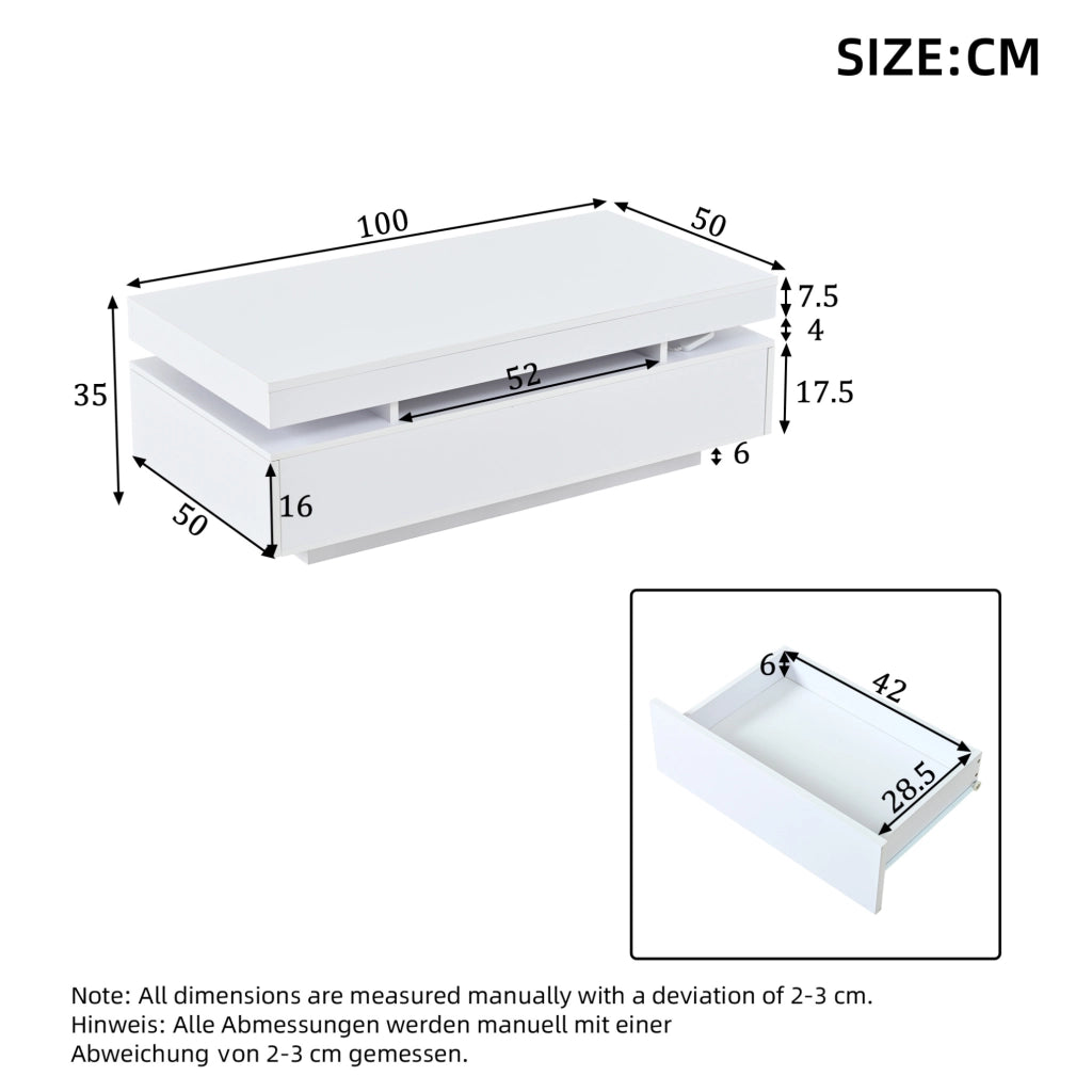 Tavolino da salotto LED 100x50x35 cm con 2 cassetti bianco lucido HOMVRA