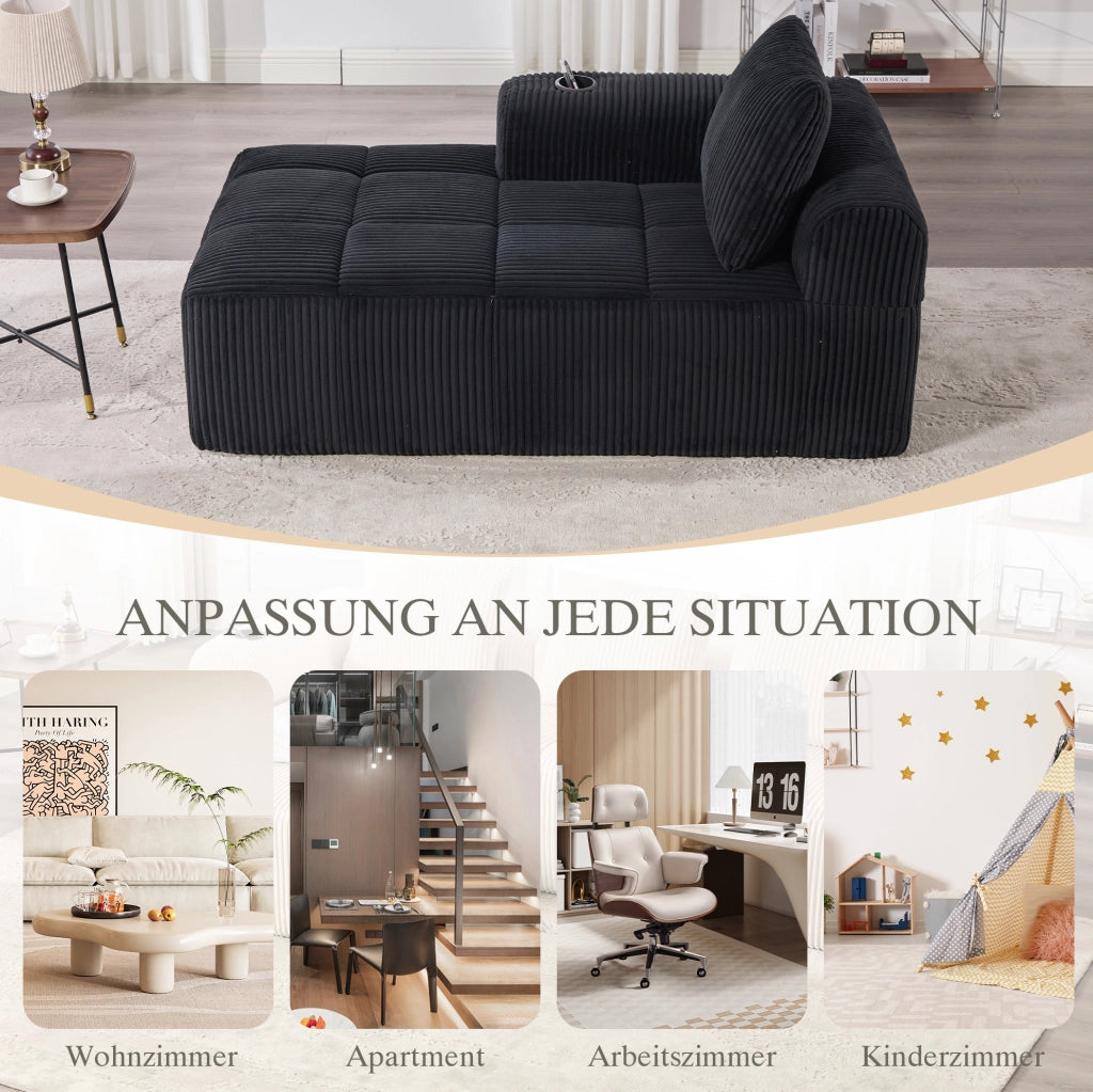 Divano compatto in corduroy con portaoggetti laterale e portabicchieri, dimensioni 158x93x61 cm, resistente e confortevole