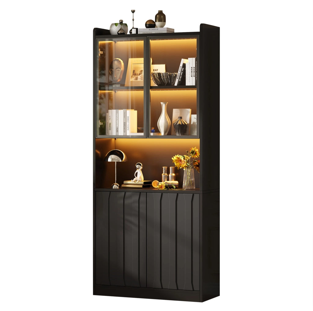 Vetrina ULEVR 80x35x200 cm con 4 ante, vetro temperato, ripiani regolabili e LED Bluetooth, nera