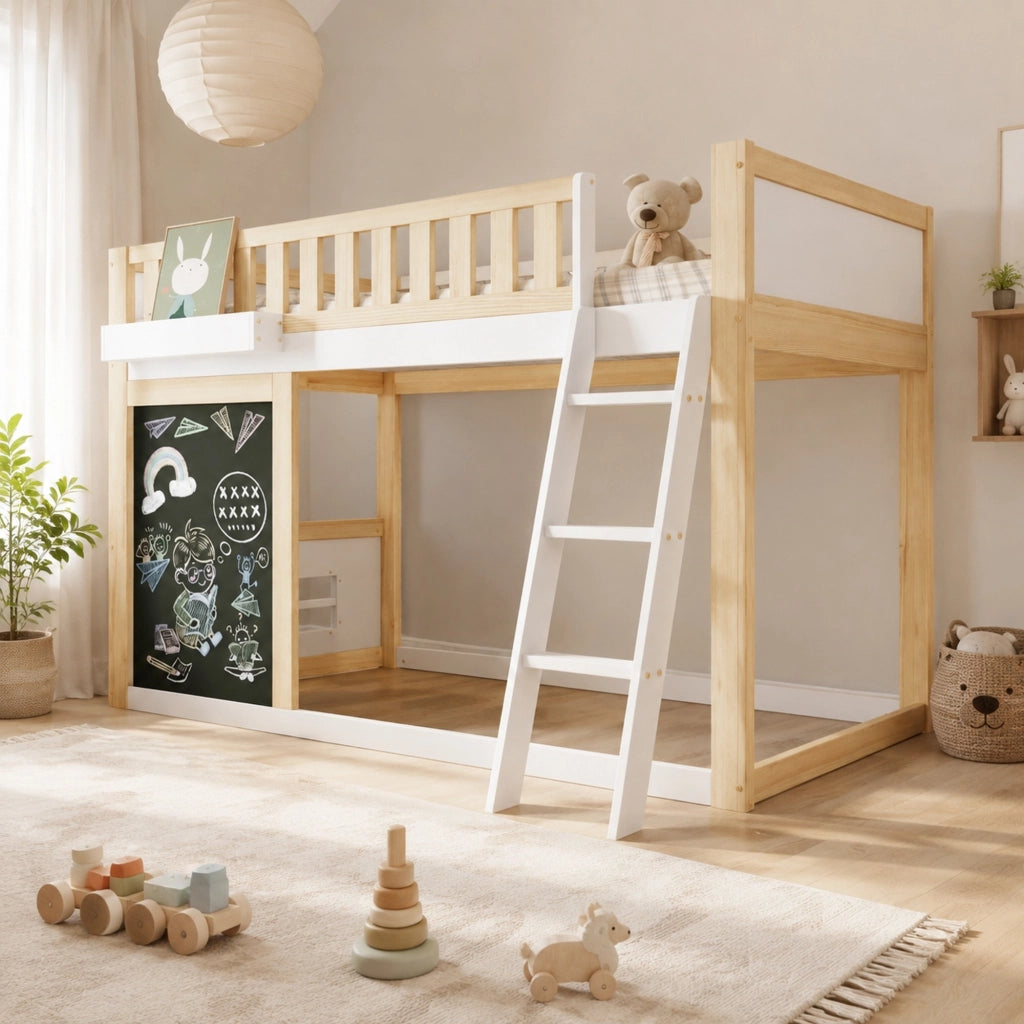 Letto a soppalco 90 × 200 cm con lavagnetta; box portaoggetti e scala a 3 gradini in legno bianco naturale