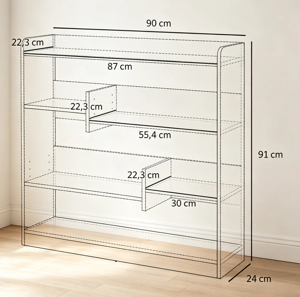 Libreria bianca in truciolare E1, 90x24x91 cm, con 4 ripiani regolabili
