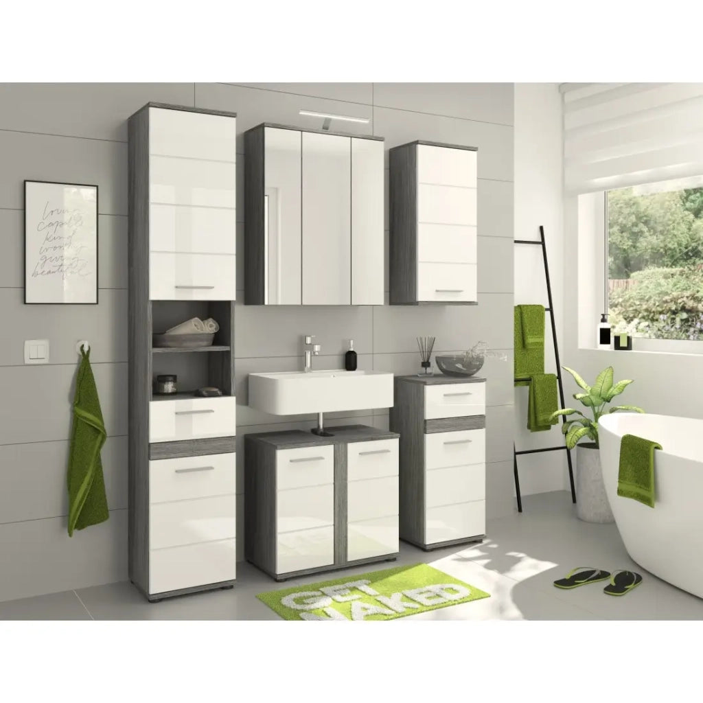 Mobile da bagno WILLIAM – Bianco e grigio scuro – 9 nicchie sospese