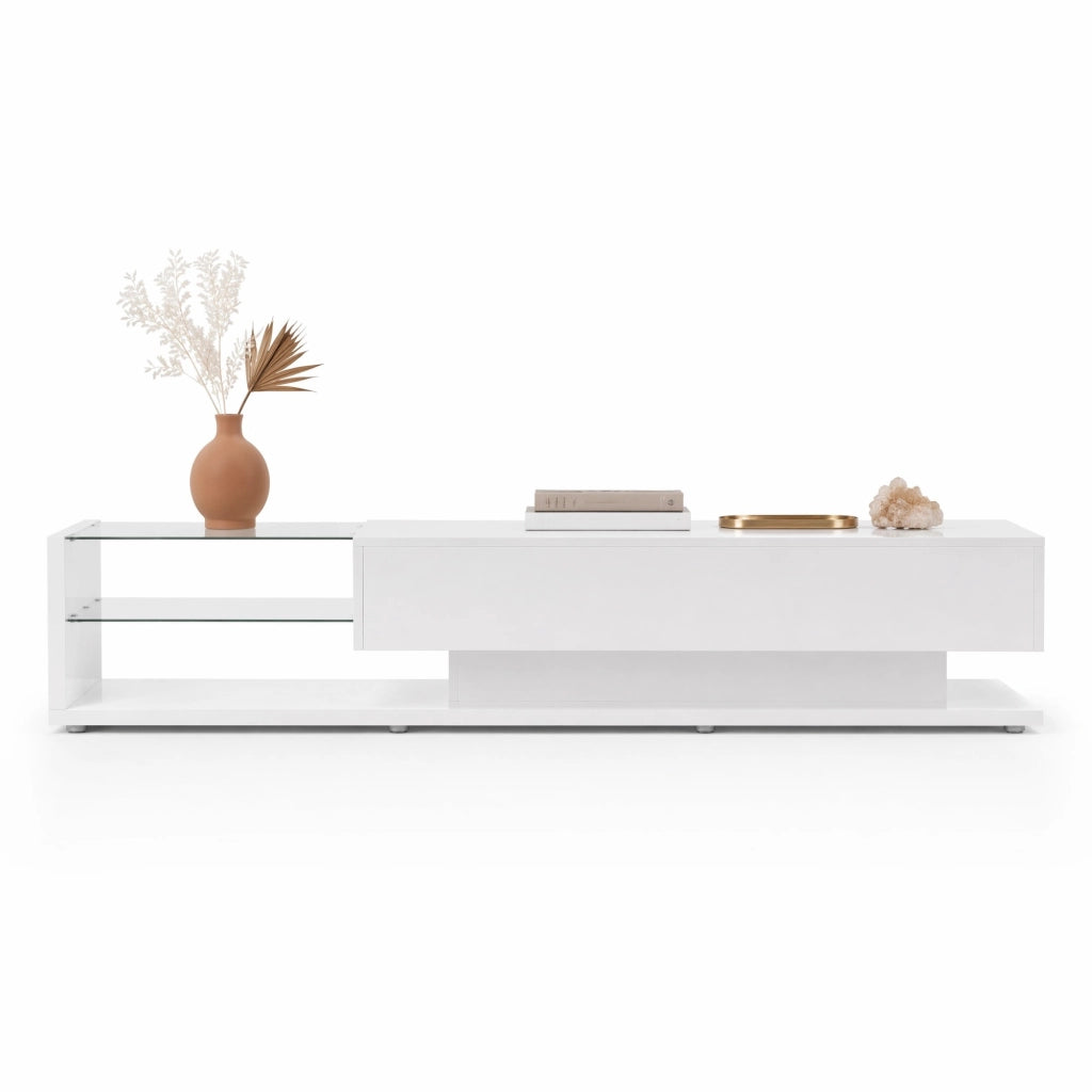 Mobile TV bianco lucido con LED regolabili e ampio spazio contenitivo, 170x38x36 cm